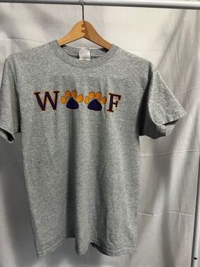 WOOF Paw Print Graphic Tee Gray Medium Cotton Blend Casual Shirt